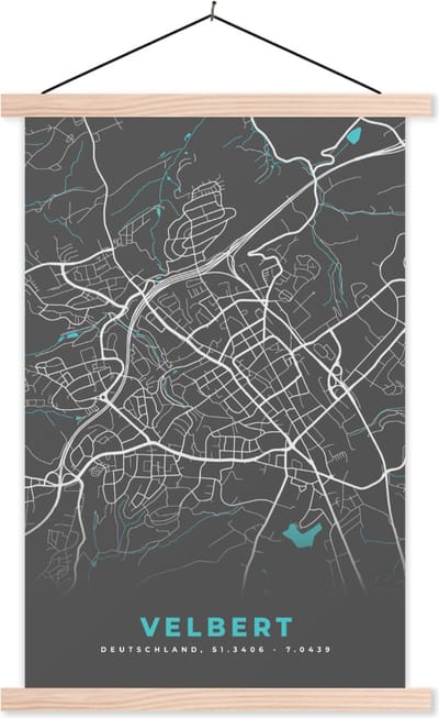 Posterhanger incl. Poster 60x90 cm - Schoolplaat - Plattegrond – Velbert – Blauw – Stadskaart – Kaart - Duitsland - Textielposter - Blanke latten - Stadskaart