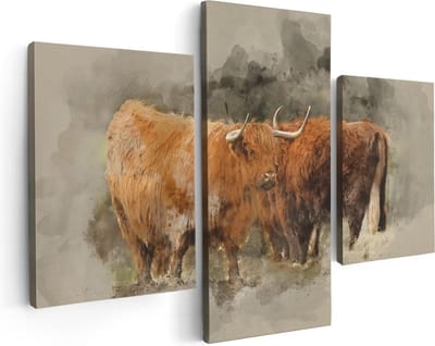 Artaza Canvas Schilderij Drieluik Twee Schotse Hooglander Koeien - Abstract - 90x60 cm - Wanddecoratie Woonkamer - Schilderijen - Muurdecoratie