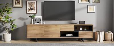 Houtkleur Spaanplaat Tv Meubel 173x38x48cm Woonkamer Opberg Met Kabelgat Metalen Poten