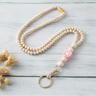 Houten Kralen Sleutelhanger met Siliconen Bloemen Bedel - Stijlvol Lanyard Ketting voor Sleutels, Badges, Lichtgekleurde Kralen & Gouden Sluiting, Sleutelketting
