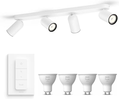 Philips Hue Pongee Opbouwspot (Wit) - Warmwit Licht - Incl. Hue Dimmer Switch - Plafondspot met 4 Lichtpunten - GU10 - Hue White