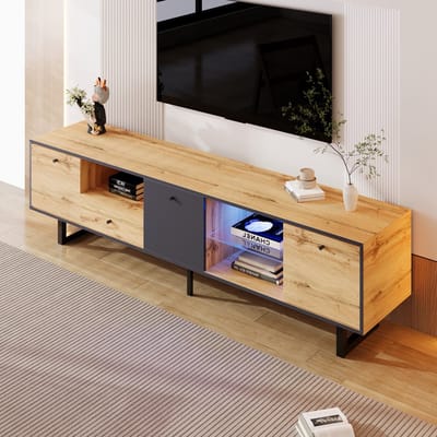 HAUSS SPOLE TV meubel - TV-Lowboard Met LED-Verlichting En Glastrennwand - Modern Design - Rechthoekig - Voor Woonkamer - 190 L x 40 B x 50 H cm - Spaanplaat - Hout En Grijs