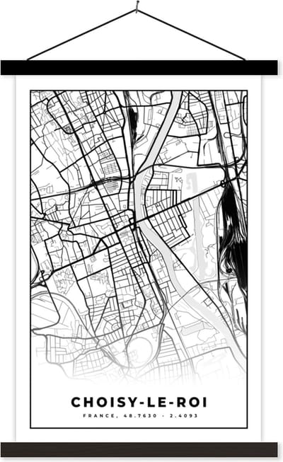 Posterhanger incl. Poster 40x60 cm - Schoolplaat - Frankrijk - Choisy-le-Roi - Plattegrond - Stadskaart - Kaart - Zwart wit - Textielposter - Zwarte latten - Stadskaart