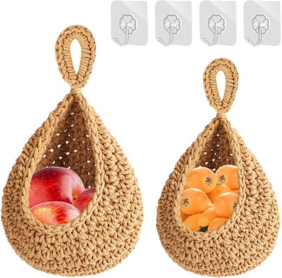 Set van 2 Gevlochten Wandfruitmanden met Haken voor Bohemian Stijl, Ideaal voor Fruitopslag en Decoratie