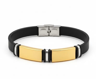 Zwarte heren armband van silicone met twee goudkleurige vlakken en metalen sluiting