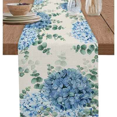 Blauwe Hortensia Eucalyptus Linnen Tafelkleden Ladekast Sjaals Tafeldecor Boerderij Keuken Eettafelkleden Bruiloft Decoratie 150x33cm gray