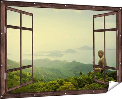 Gards Tuinposter Doorkijk Boeddha Standbeeld in het Bos - 180x120 cm - Tuindoek - Tuindecoratie - Wanddecoratie buiten - Tuinschilderij