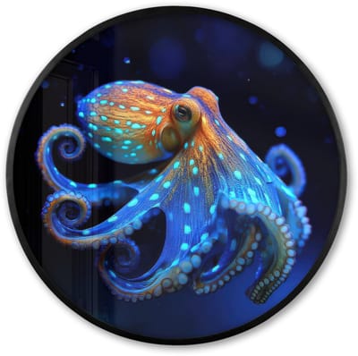 Poster in lijst Rond - Fotolijst 60x60 cm - Posters - Octopus - Stippen - Blauw - Zee - Ronde posterlijst zwart - Decoratie - Wanddecoratie woonkamer - Muurdecoratie slaapkamer