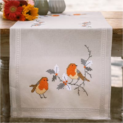 Vervaco - Tafelloper kit - 40 x 100cm - Roodborstjes - PN-0201692