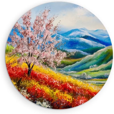Saammp Muurcirkel Hout - Kleurrijk landschap - Abstract - Natuur - Ø 90 - Wandcirkel - Wanddecoratie Cirkel - Muurdecoratie Woonkamer - Slaapkamer decoratie - Rond Schilderij