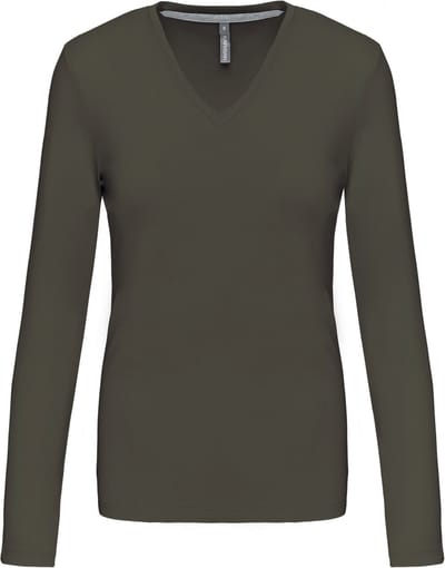 Kariban Dames t-shirt V-hals lange mouwen K382 - Dark Khaki - 3XL