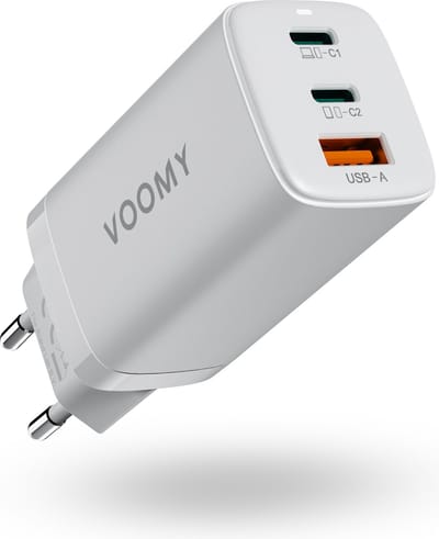 Voomy USB C Adapter 65W - Oplader - Snellader - USB C Lader - Universeel - 2 USB C & 1 USB A Poort - Geschikt voor Laptop, telefoon, tablets en meer - Wit