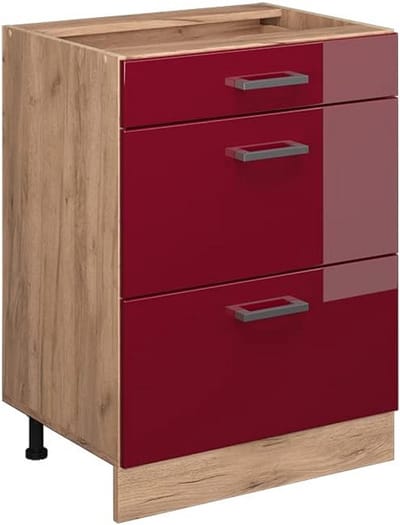 Keukenkast Ladeonderkast - Keukenmodule Kast - Keuken Opbergen - Modulair Systeem - 60 cm breed - Bordeauxrood Hoogglans