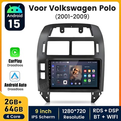Hexinex Quad-Core autoradio Geschikt voor VW Polo 2001-2009 - Draadloos CarPlay, Android Auto, multimediaspeler, 2GB+64GB