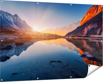 Gards Tuinposter Bergen Landschap met Zonsopgang - 150x100 cm - Tuindoek - Tuindecoratie - Wanddecoratie buiten - Tuinschilderij