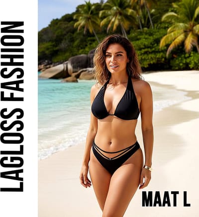 LaGloss® 2-delig Zwarte Halter Bikini Set Dames met Strappy Broekje – V-Hals – Strandmode – Beach Fashion – Maat L