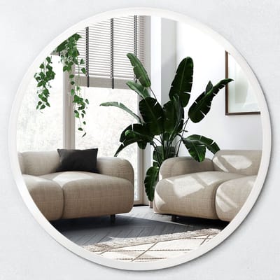 Wallfluent Bedrukte Ronde Spiegel - Wit Ronde Spiegel - Spiegel op gehard Glas - 40 cm / 36 cm - Montageset - Woonkamerspiegel - Inloopkastspiegel - Hal - Slaapkamerspiegel - Badkamerspiegel - Gang - Kleedkamer -