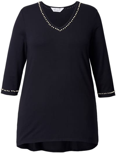MIAMODA - Dames - T-shirt A-lijn sierkralen 3/4-mouw - Zwart - Maat 46