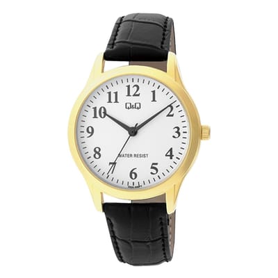 Q&Q C02A-008PY - Horloge - Heren - Mannen - Leren band - Rond - Staal - Zwart - Goudkleurig