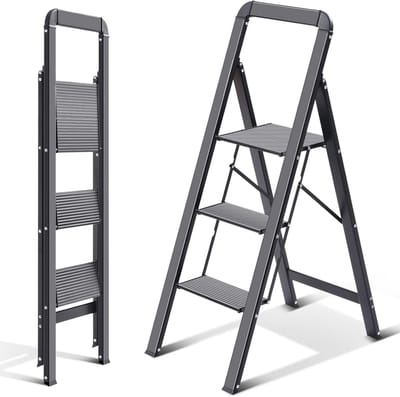 BOTC Keukentrapje opvouwbaar - 3 treden - tot 150kg - EN14183-B-3 Gecertificeerd - huishoudtrap - keukentrap - Aluminium - Zwart
