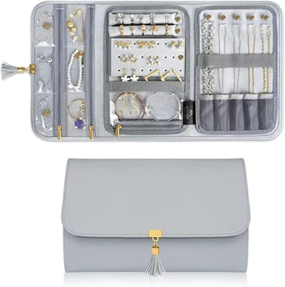 Thijox - Draagbare Sieradenrol-Organizer voor Ringen, Oorbellen, Halskettingen, Armbanden - Licht, Opvouwbaar, Grijs - Perfect voor Reizen en Dagelijk
