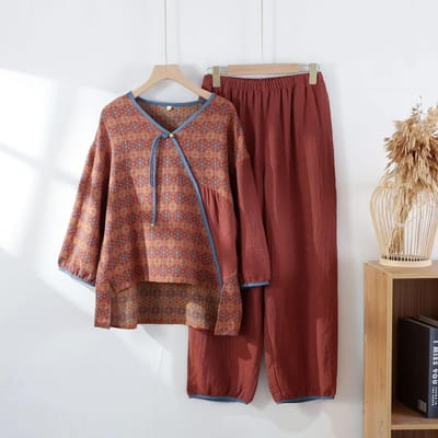 Katoenen Pyjama's in Chinese stijl Dames Dubbellaags Gaas Lange Mouw Broek Loungewear V-Hals Huiskleding 2-delige Sets XL brown