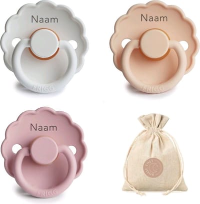 Frigg Daisy fopspenen met naam - T1 - Baby pink, Bright white en Pink cream - 0-6 maanden - spenen - speen - fopspeen - BolleToet speenzakje