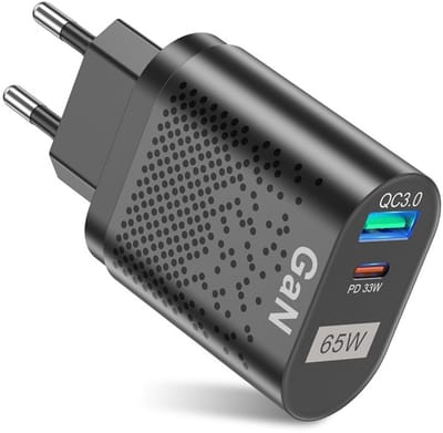 65W GaN Snellader - USB + USB-C PD33W + QC33W - Oplader - Universele Adapter Lader voor Smartphone, Tablet en Laptop - zwart