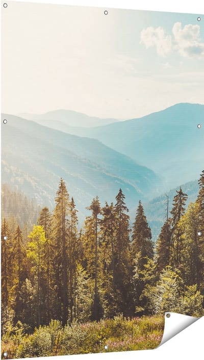 Gards Tuinposter Bos met Bomen in de Hoge Bergen - 100x150 cm - Tuindoek - Tuindecoratie - Wanddecoratie buiten - Tuinschilderij