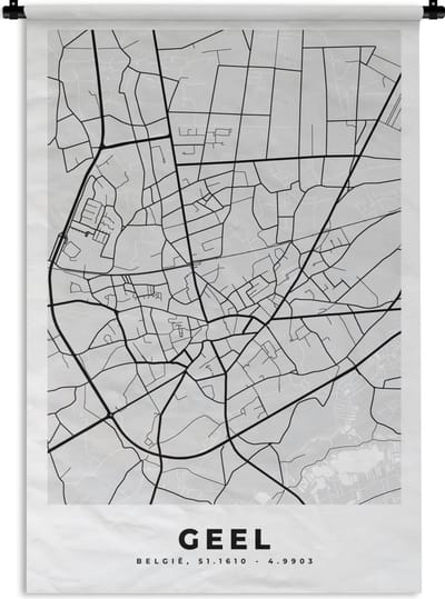 Wandkleed - Wanddoek - België – Geel – Stadskaart – Kaart – Zwart Wit – Plattegrond - 120x180 cm - Wandtapijt