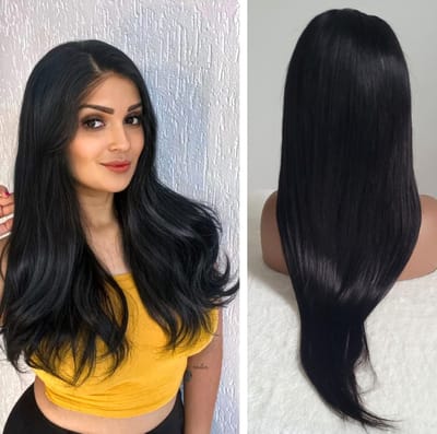Frazimashop- Indian Remy Dames steil pruiken- 22 inch 55 cm - 100 % Straight human hair wig - donkerbruine- 13X4 lace front wigs