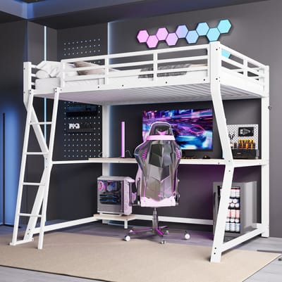 MEUNIQ hoogslaper 90x200 cm met bureau, LED-verlichting, trap, uitvalbeveiliging, stopcontact en USB, metalen frame met MDF, wit