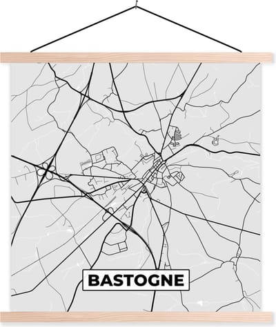 Posterhanger incl. Poster 40x40 cm - Schoolplaat - Zwart Wit – België – Plattegrond – Stadskaart – Kaart – Bastogne - Textielposter - Blanke latten - Stadskaart