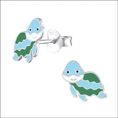Aramat Jewels | Oorbellen | Zilveren Schildpad Oorbellen Groen Blauw Emaille – 6x10mm 925 Zilver | | | |10mm | Zilver | Kinderen, Volwassenen | Verkleurd niet