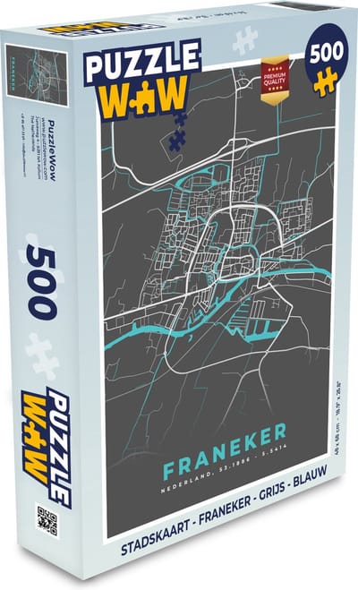 Puzzel Stadskaart - Franeker - Grijs - Blauw - Legpuzzel - Puzzel 500 stukjes - Plattegrond