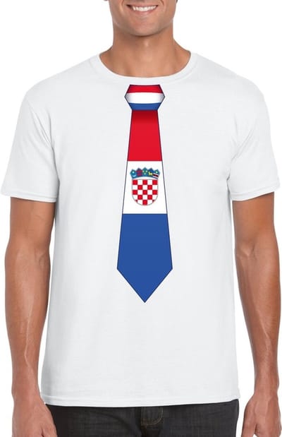 Wit t-shirt met Kroatische vlag stropdas heren - Kroatie supporter S