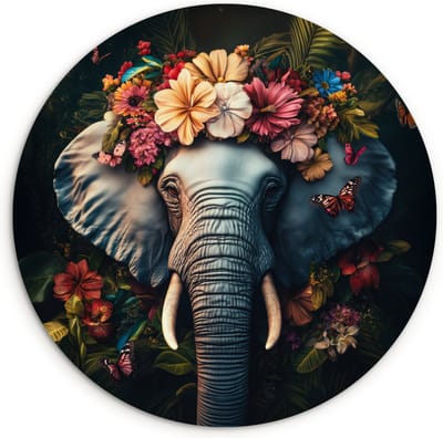 WallCircle® Wandcirkel 120x120 cm - Muurcirkel Olifant - Dieren - Bloemen - Natuur - Muurdecoratie woonkamer - Wanddecoratie slaapkamer - Kamer decoratie accessoires - Ronde schilderijen XXL
