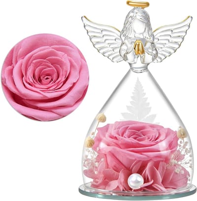 Rozenengelfiguur met Bel - Eeuwige Roos Decoratie - Bijzonder Cadeau Geven - Echte Roos Geconserveerd - 15 cm Hoog - Roze