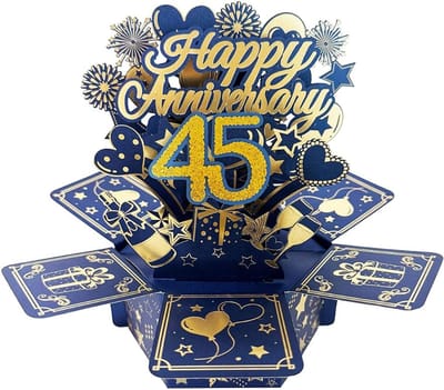 Jubileum Wenskaart - 45 Jaar Getrouwd - Cadeau Idee - Groot 3D Pop-up - 23 x 20 cm - Blauw