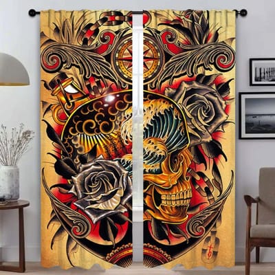 New School Tattoo Partition Home Interieur Gordijnen voor Camera Raamgordijn voor Kamer 2 Panel Schaduwen Jaloezieën Halloween Decoratie W50xH70cmx2pcs-CL