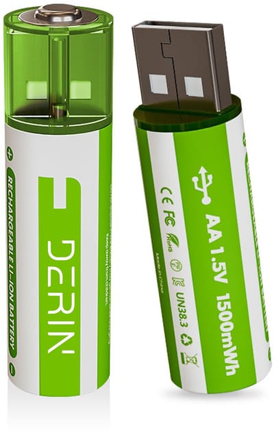 Derin USB oplaadbare AA Batterij direct oplaadbaar via USB - Li-ion Batterij 1.5V 1500mWh Ultralicht Snellaadfunctie (2 stuks)