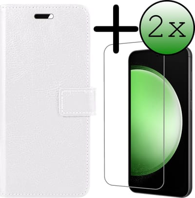 Hoesje Met 2x Screenprotector - Geschikt voor Samsung Galaxy S23 FE - Luxe Pasjeshouder - Bookcase Portemonee - Flip Case - Kunstleer Book Case - Flipcase Hoes - Book Cover - Walletcase - Portemonneehoes - Wit
