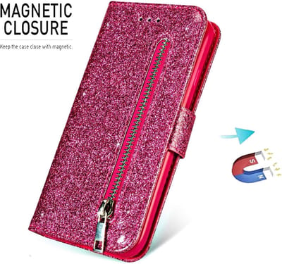 Bookcase Geschikt voor: iPhone 12 / 12 Pro Glitter met rits - hoesje - portemonneehoesje - Roze