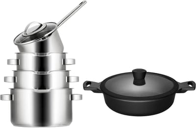 Sola Pannenset Pearl 5-Delig RVS - Downdraft geschikt - Kookpan ø 16, 18, 20 cm & Steelpan ø 16 cm + Sola Hapjespan Fair ø 28 cm - geschikt voor alle warmtebronnen