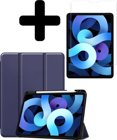 Hoesje - Geschikt voor Apple iPad Air 5 (2022) - 10.9 inch - 5e Generatie - M1 - Met Screenprotector - Trifold Bookcase Hoes - Hard Cover Case - Met Uitsparing Geschikt voor Apple Pencil - Hardcover Book - Tablethoes - Donkerblauw