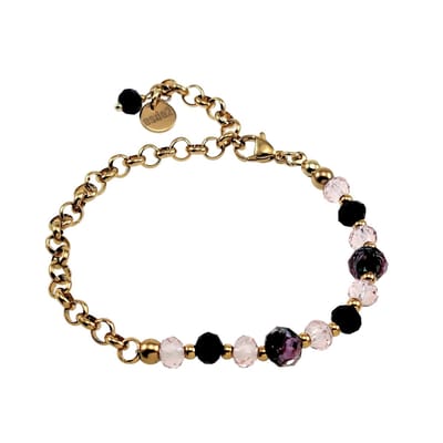 16 - 20cm Armband Dames - Verguld RVS - Ronde Schakelarmband met Zwart-Roze Kristallen en Murano Glaskralen - Verstelbaar