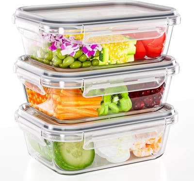 Famanu - Meal prep vershouddozen, 3 stuks, 1040 ml, glas, luchtdicht, voor voedsel, levensmiddelen, glazen bakjes met deksel, bpa-vrij