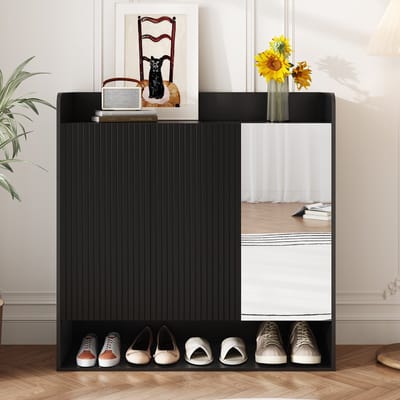 MODFU - Schoenenkast - Verticale Structuur En Passpiegel - Modern - Voor Hal - MDF En Spaanplaat - Zwart - 110 x 35,5 x 110 cm