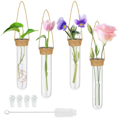 Vaas, creatieve glazen hangvaas, 4 stuks reageerbuisjes voor bloemen, kleine wandvaas, raamdecoratie, hangende wandvazen met haak en reinigingsborstel, hangvaas voor