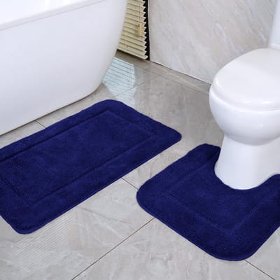 Badmat 2-delige Set, Microvezel met Hoge Dichtheid, Antislip & Snel Droog, 53x86 cm Badmat & 50x50 cm WC Mat, Blauw